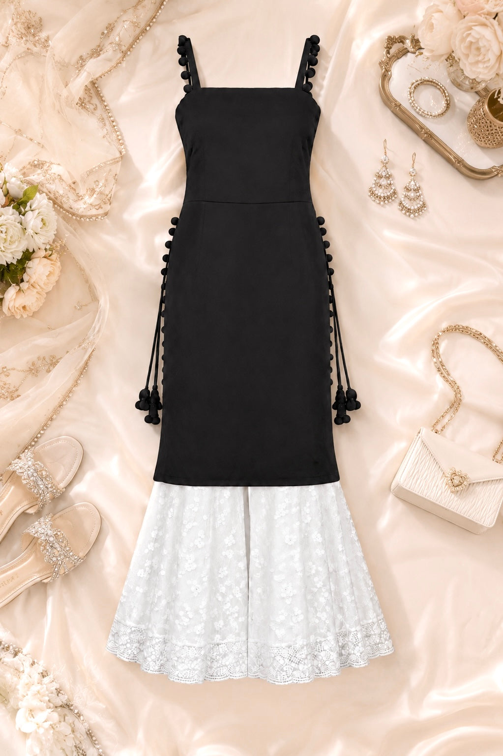 Abony Black Pom Pom Gulnaz Kurta