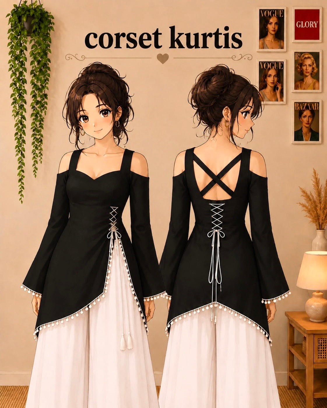 Black Sweetheart Neck Corset Kurti