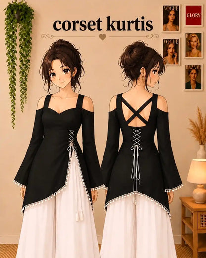 Black Sweetheart Neck Corset Kurti