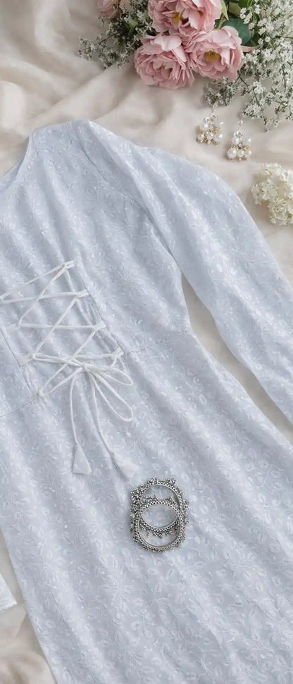 Gulnaz White Chikankari Lace-Up Kurta