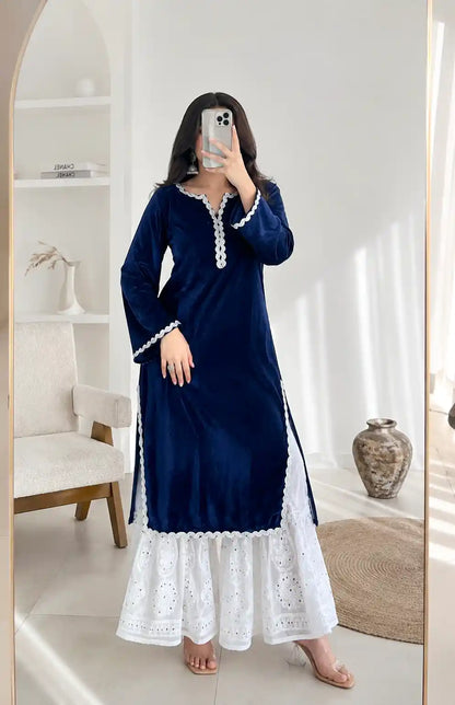Monochrome Blue Velvet Gulnaz Kurta