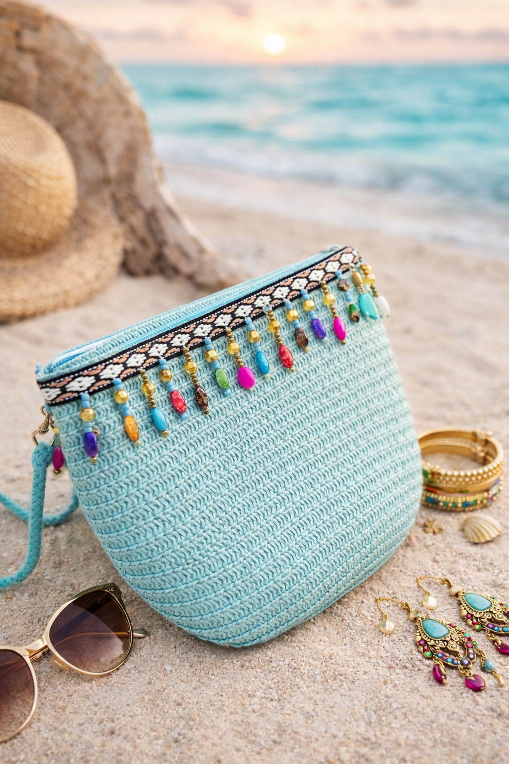 Boho Beaded Blue Crochet Sling Bag
