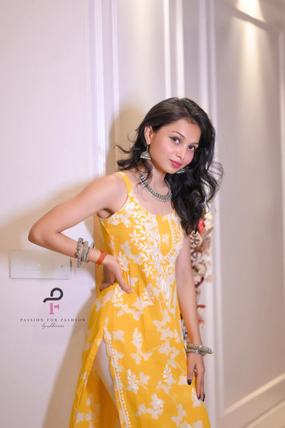 Sunrise Yellow Anokhi Mul Slit Chikan Kurta