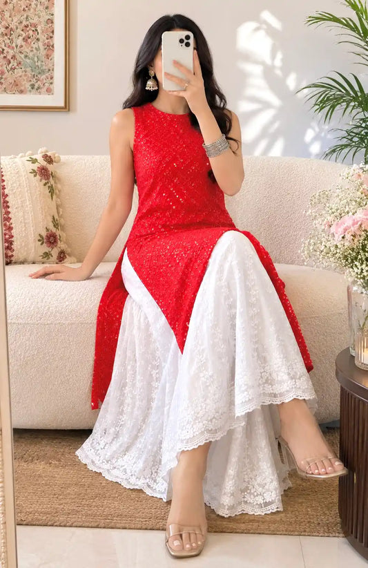 Red Sleeveless Sequin Gulnaz Kurta