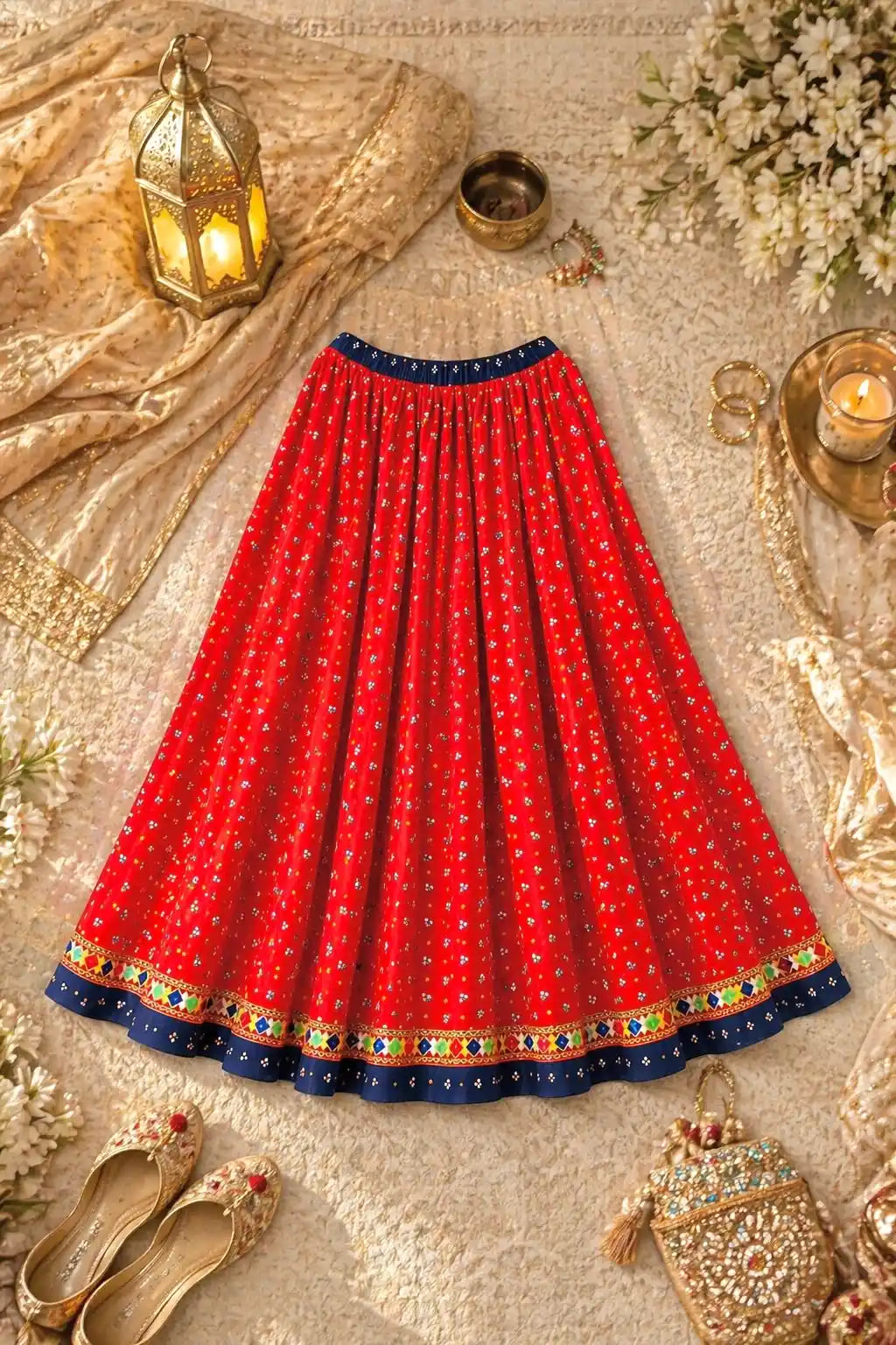 Red Bandhej Jaipuri Twirl Skirt
