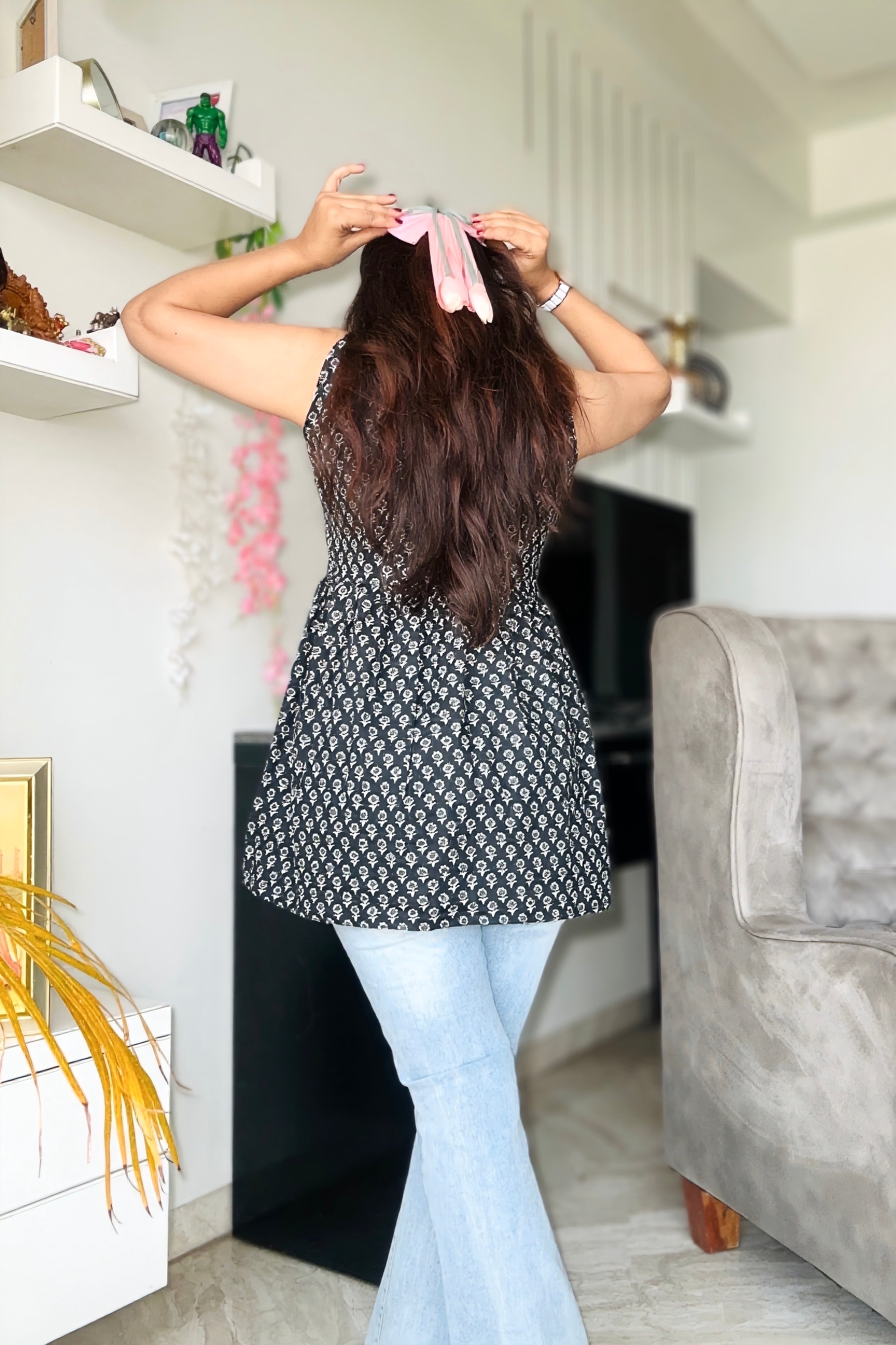 Black Block Print Collared Top