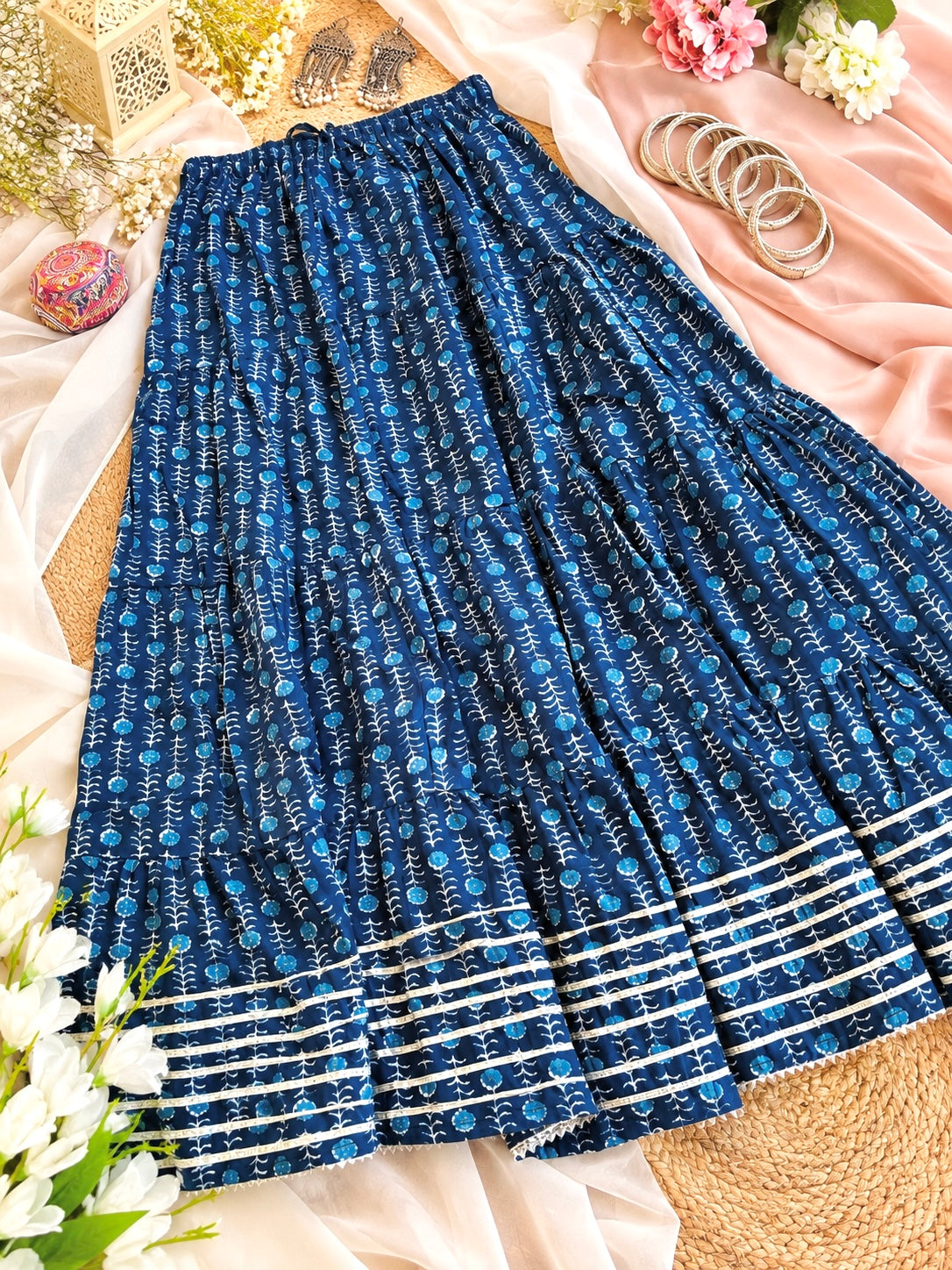 Rustic Jaipuri Indigo Flared Twirl Skirt