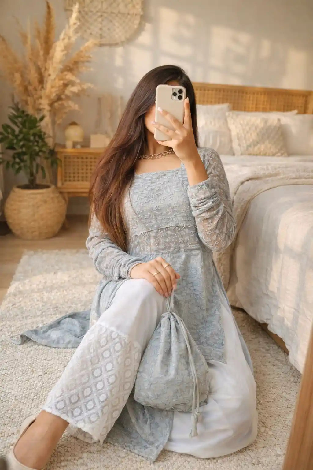 Whimsical Grey Embroidered Gulnaz Kurta