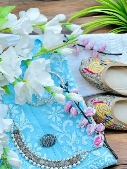 Blush Blue Chikan Nazakat Kurta