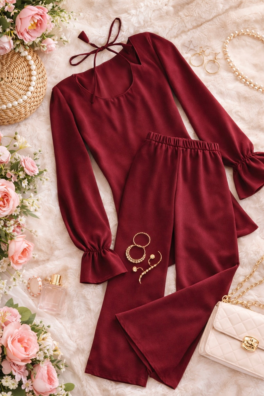 Scarlet Maroon Back Tie Ruffle Set