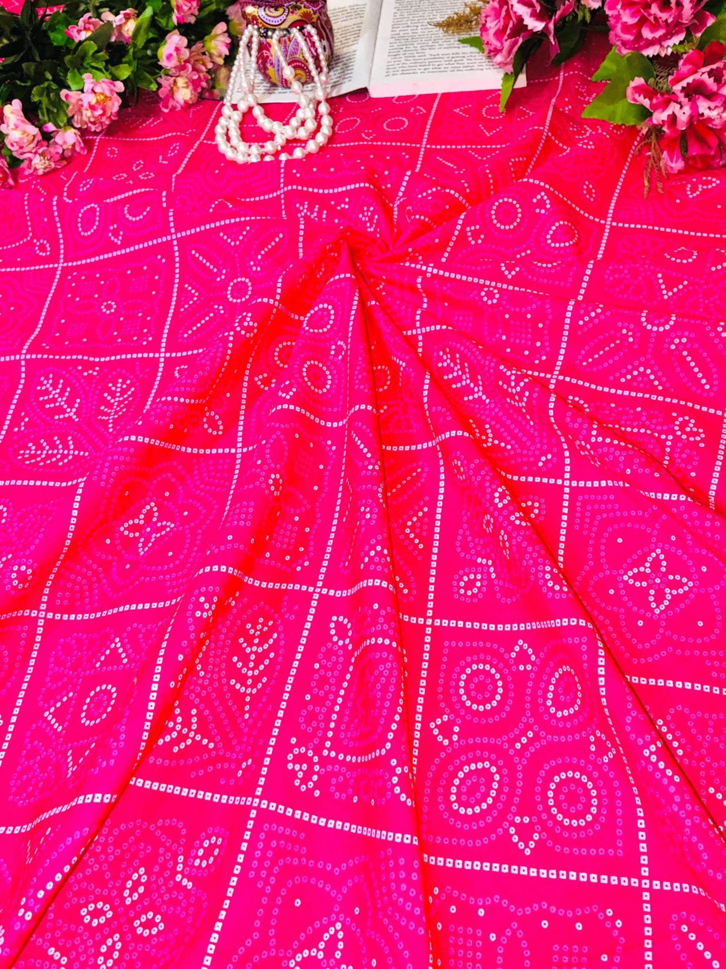 Hot Pink Bandhani Style Cotton Fabric