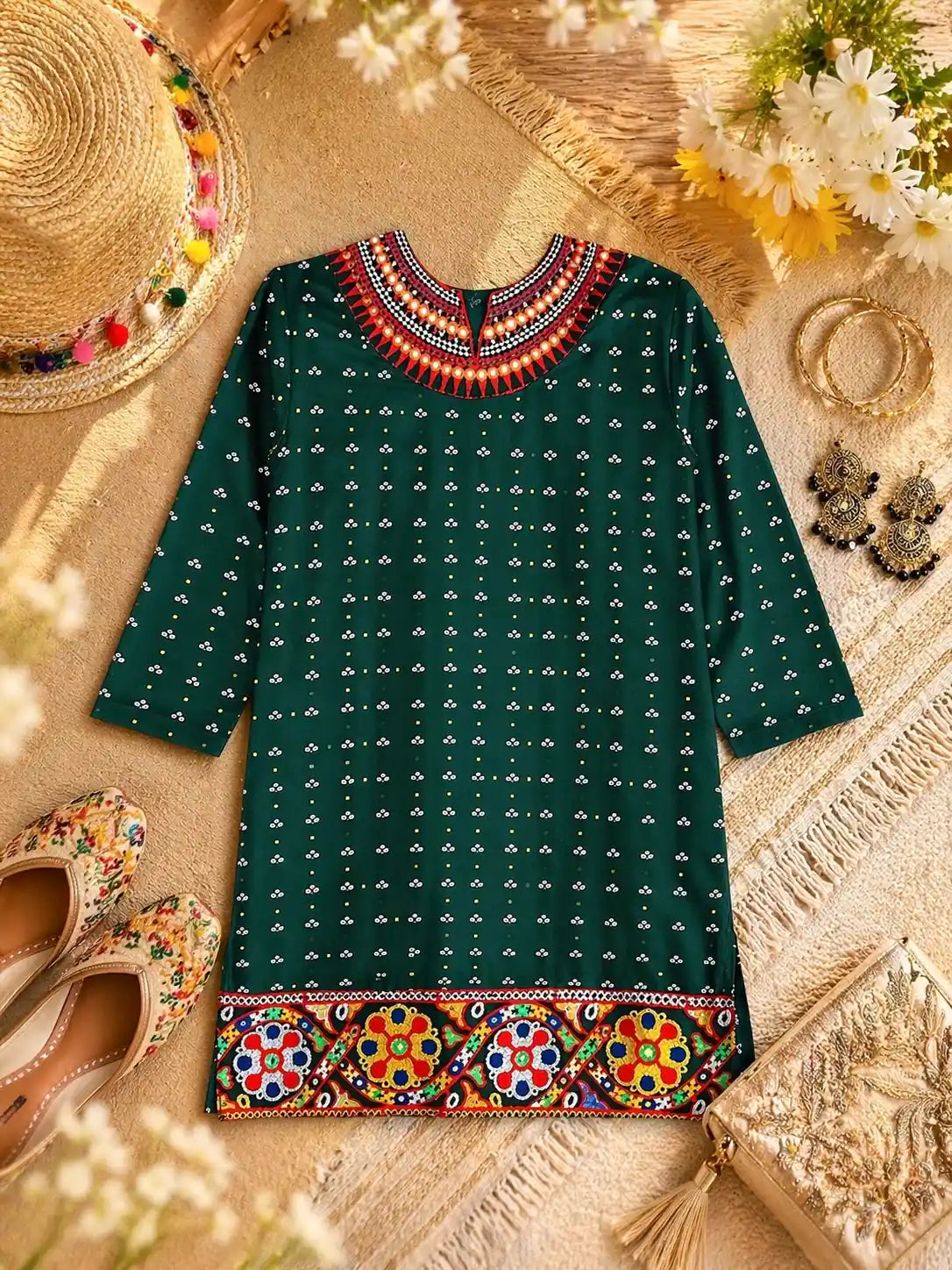 Gamti Green Jaipuri Short Kurta