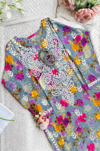 Floral Grey Fanah Mul Chikankari