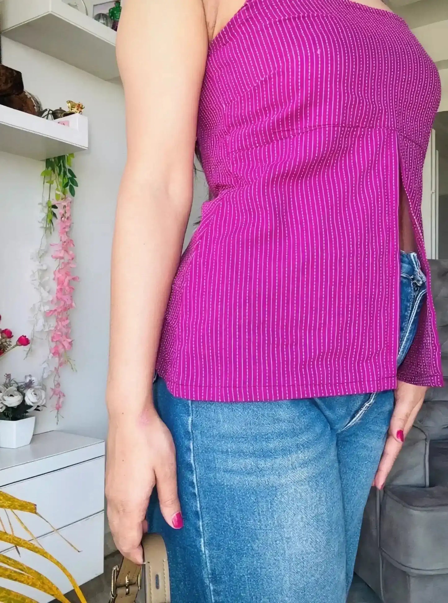 Magenta Pinstripe Halter Neck Slit Top