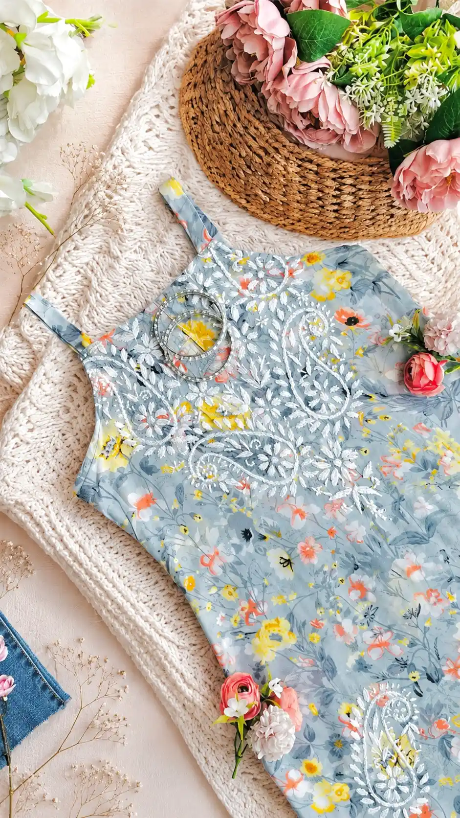 Colorbliss Grey Naaz Chikan Short Kurta