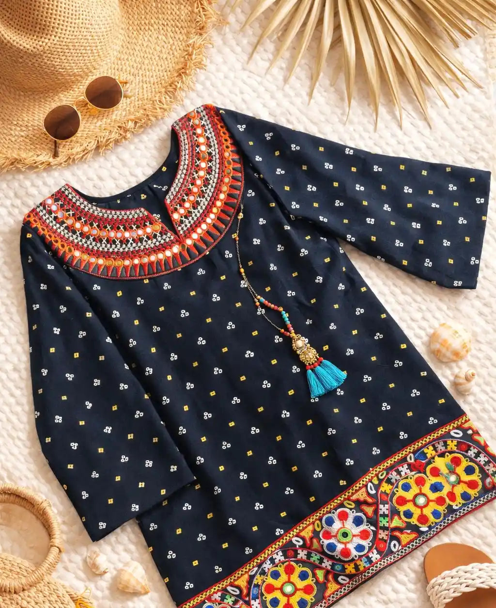 Gold Black Bandhej Short Kurta