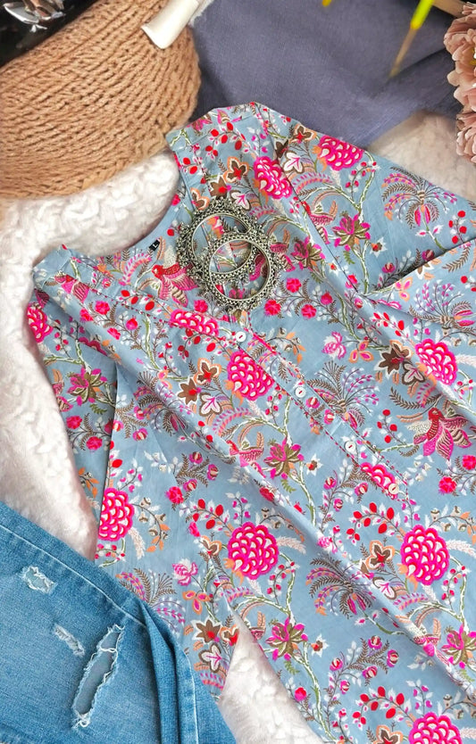 Grey Floral Mulmul Jaipuri Kurta - Passion for Fashion by Shivani