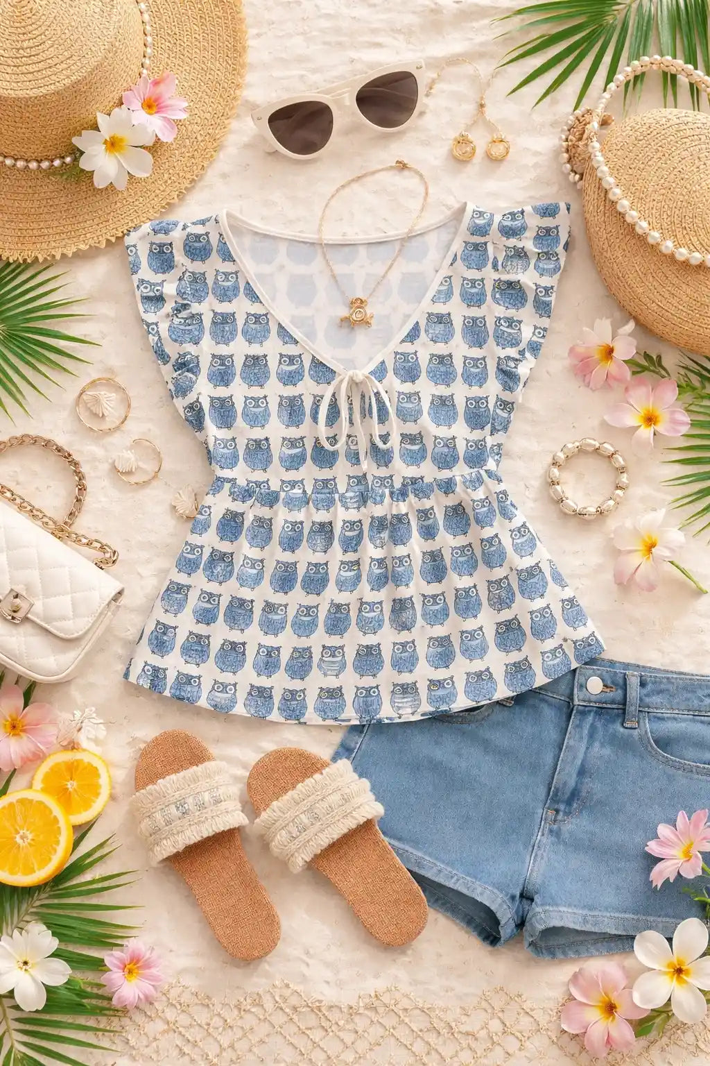 Blue Owl Print Peplum Top