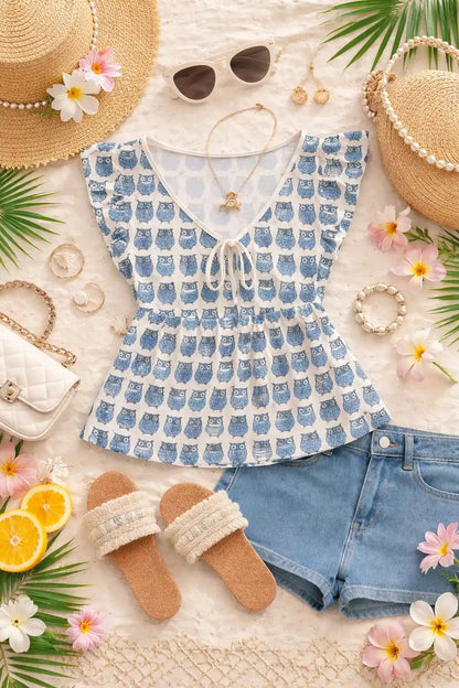 Blue Owl Print Peplum Top