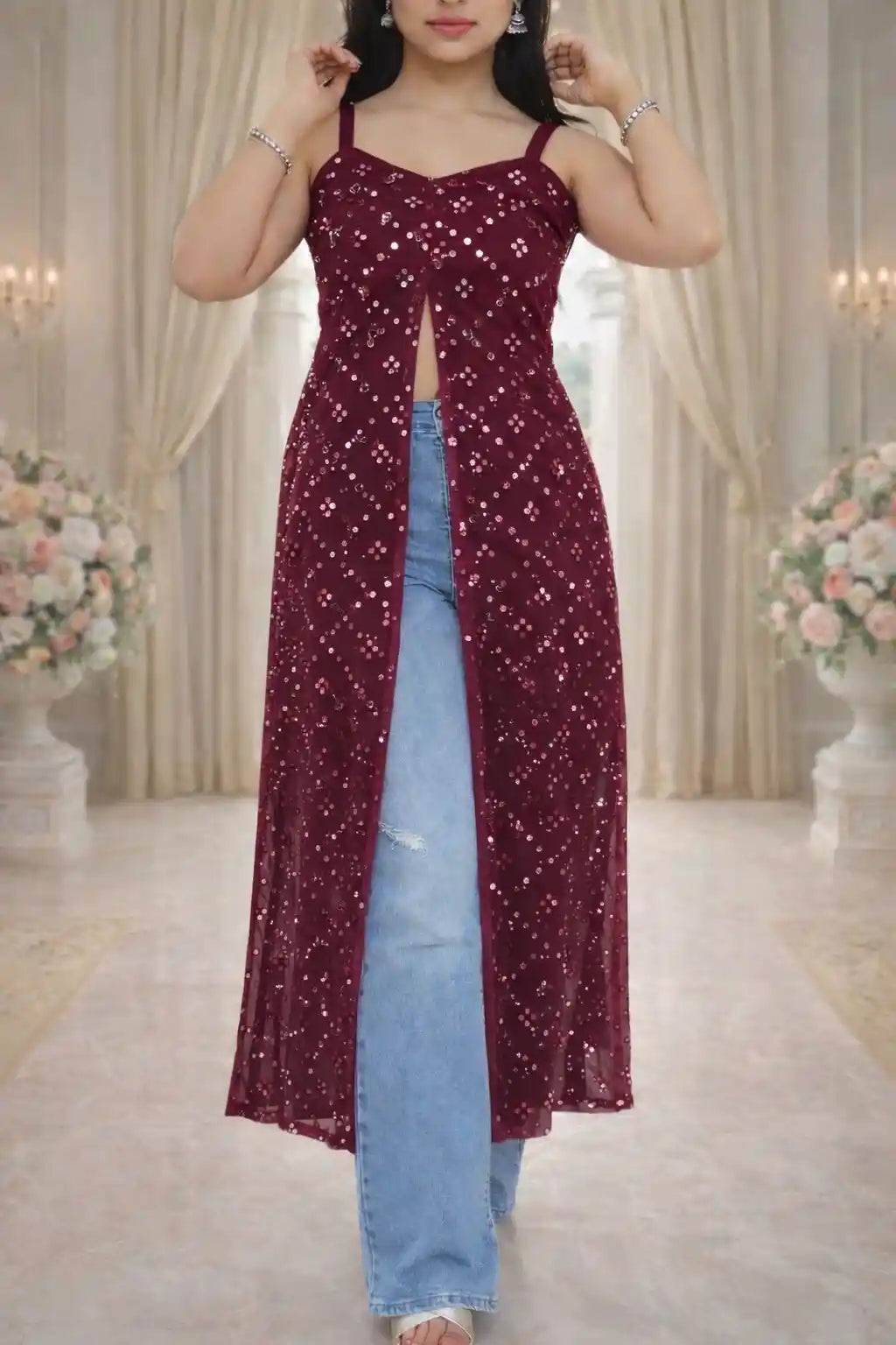 Shimmer Wine Embellished Mirror Kurta