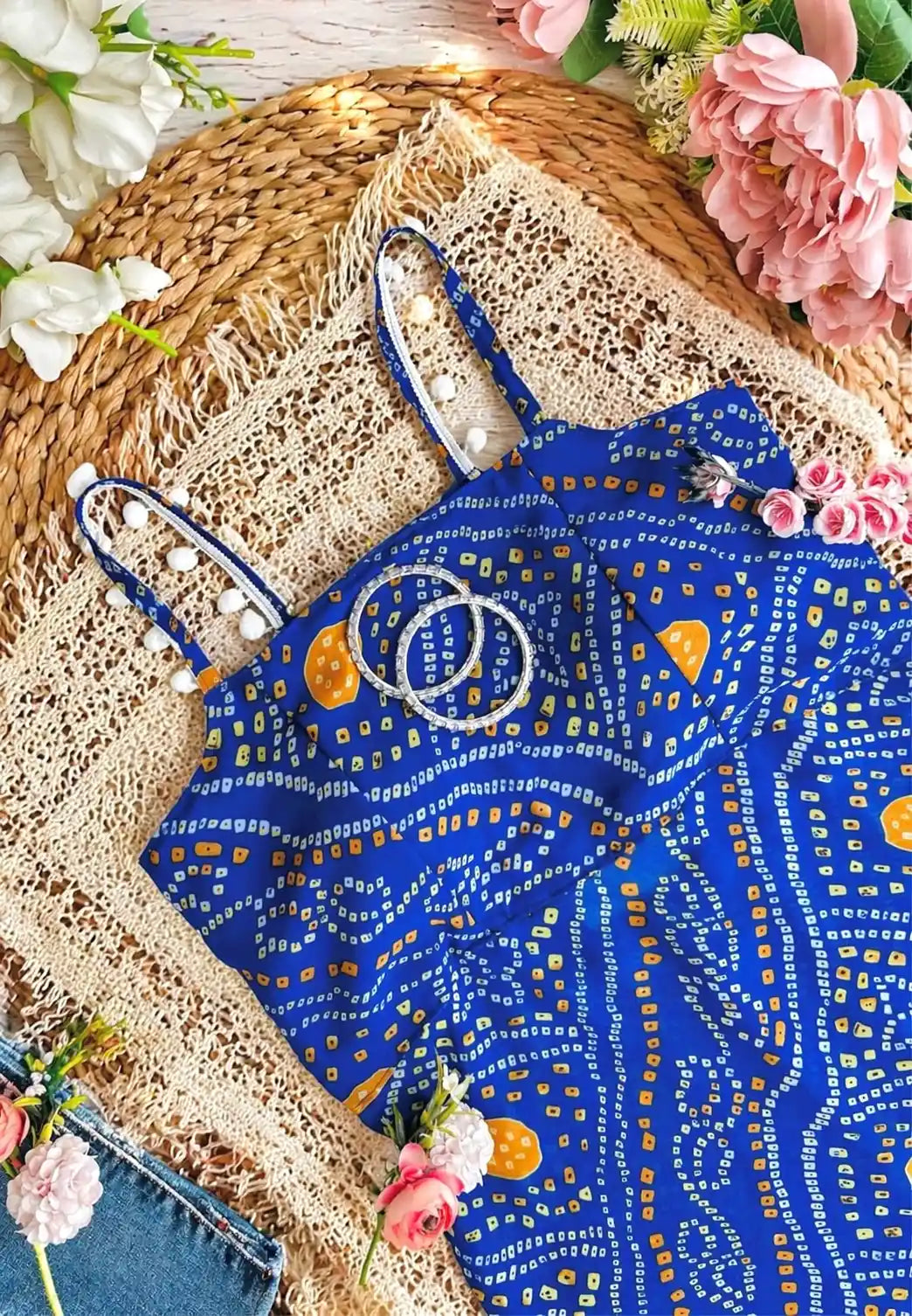 Blue Bandhej Back-Tie Top