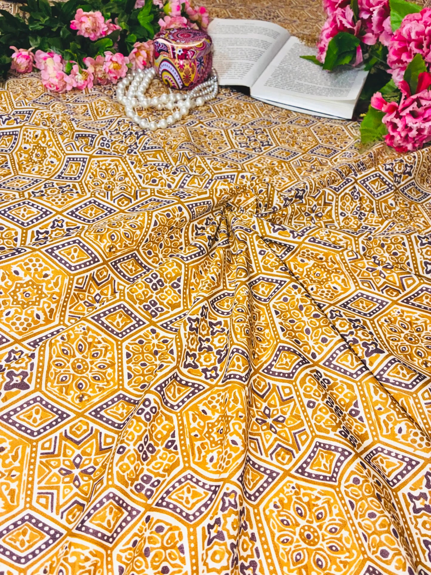 Mustard Geometric Tile Print Cotton Fabric