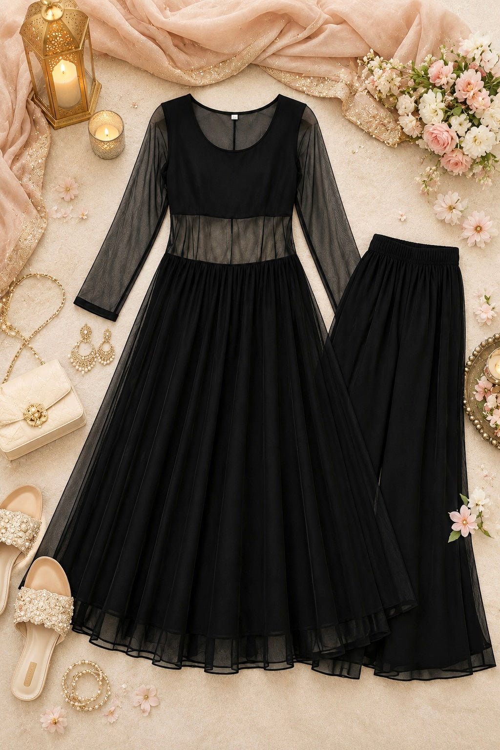Gulnaz Black Sheer Anarkali Kurta Set