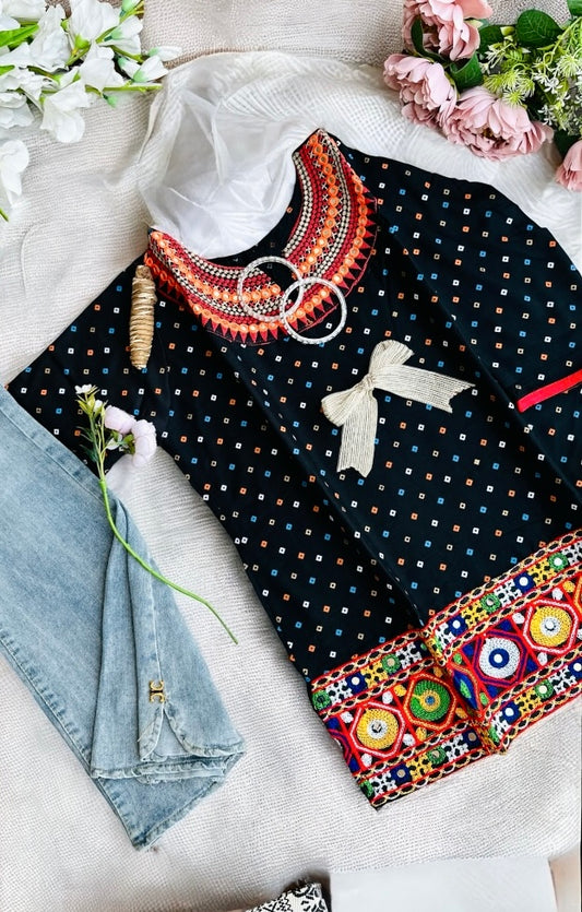 Bandhej Black Gamti Kurta