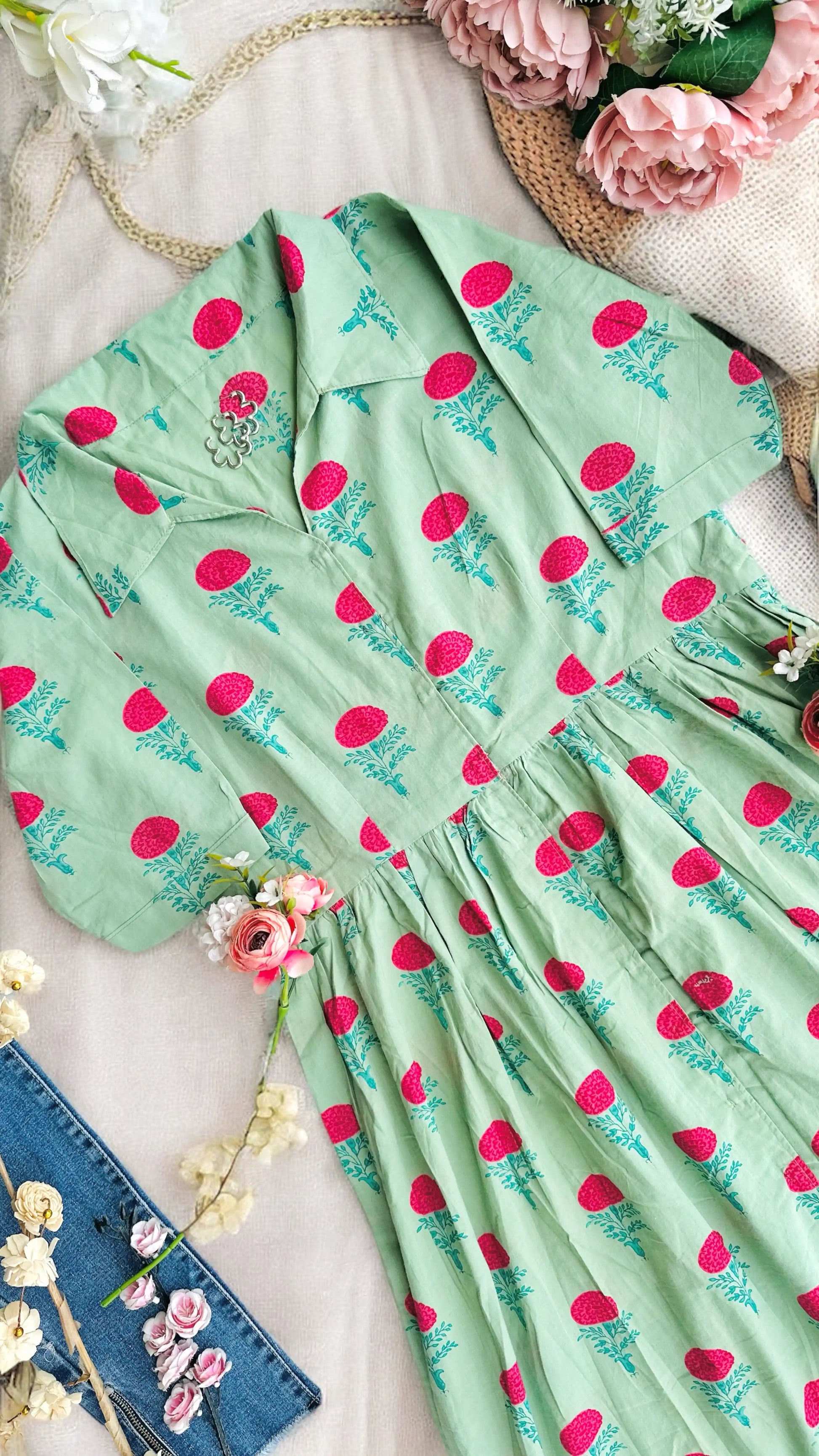 Soft Green Collar Block Print Dress - Passion for Fashion by Shivani