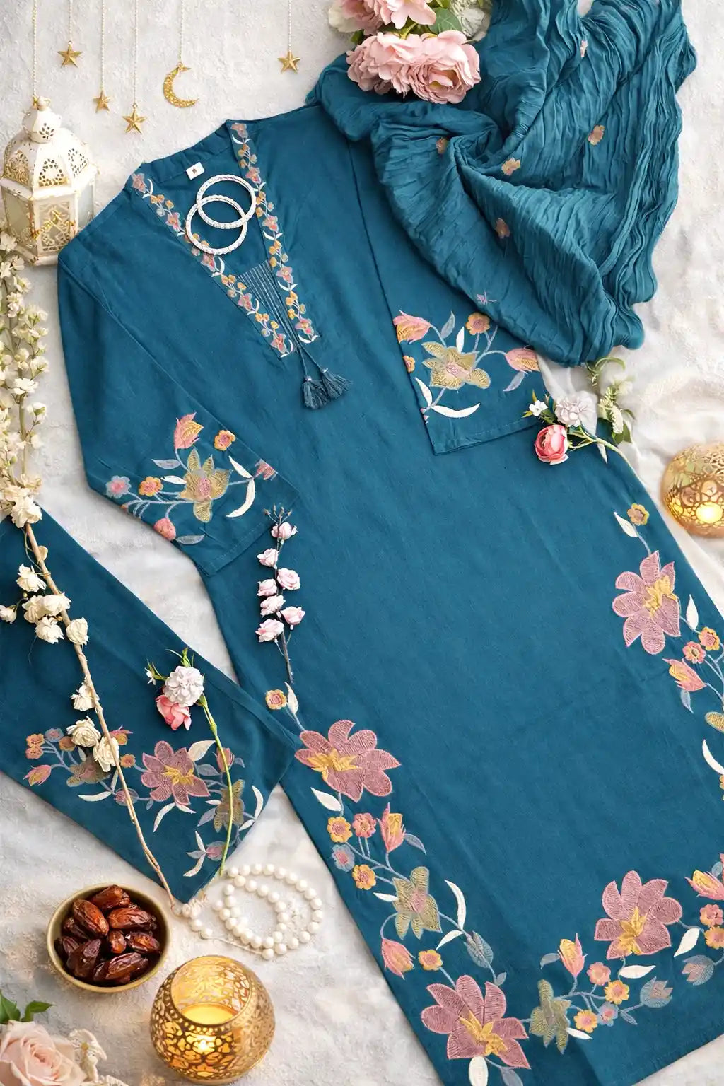 Meher Teal Bloom Embroidered Suit
