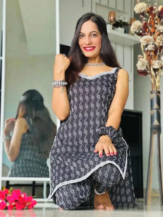 Black Ikkat Cotton Cord Set - Passion for Fashion by Shivani
