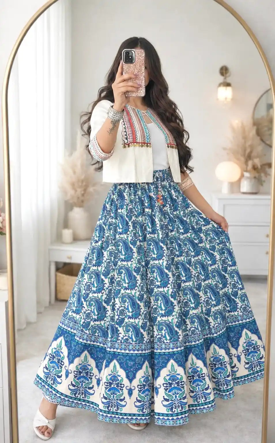 Blue Paisley Jaipuri Flared Cotton Skirt