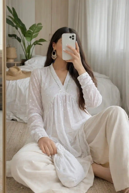 Liberty White Nyra Gulnaz Embroidered Kurta