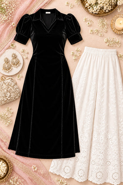 Royal Black Collar Velvet Gulnaz Kurta