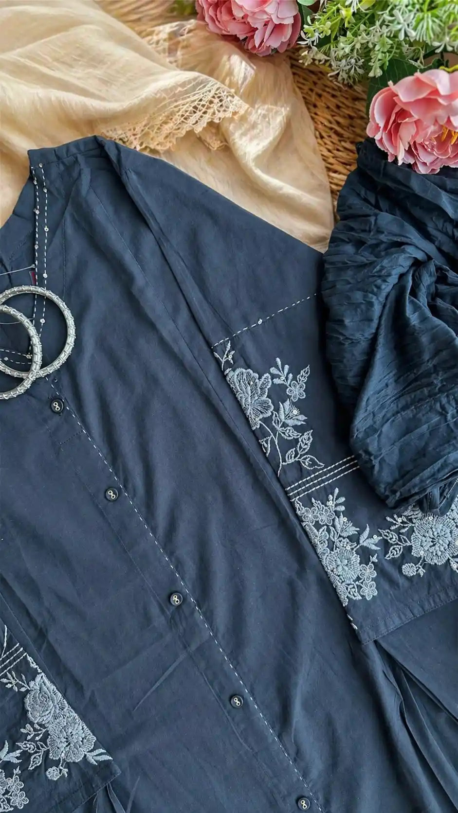 Meher Charcoal Embroidered Suit Set