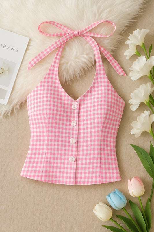 Pink Gingham Halter Button Top