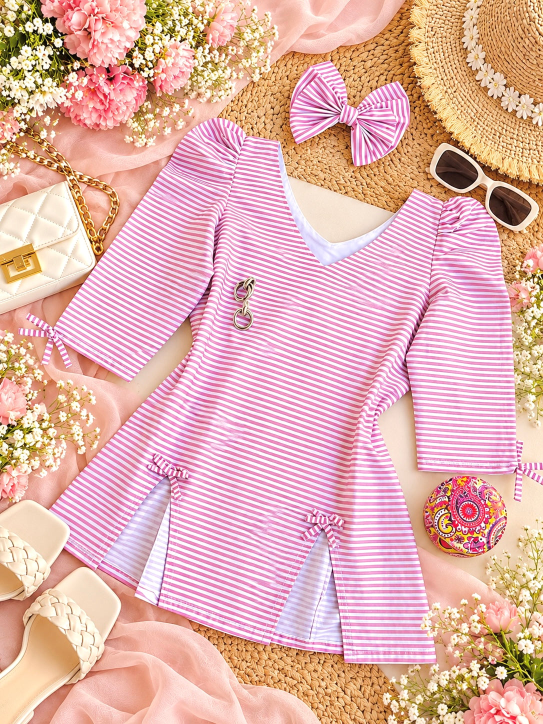 Striped Bow Detail Puff Sleeve Top