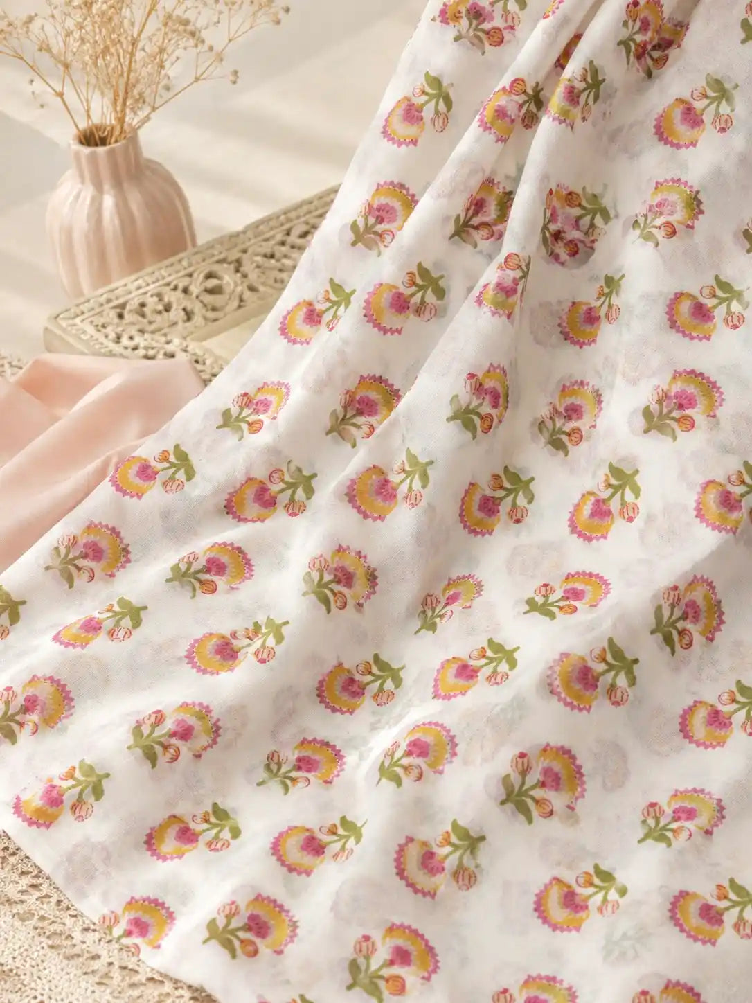 Ivory Blossom Printed Cotton Fabric Cut