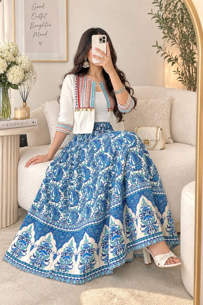 Blue Paisley Jaipuri Flared Cotton Skirt