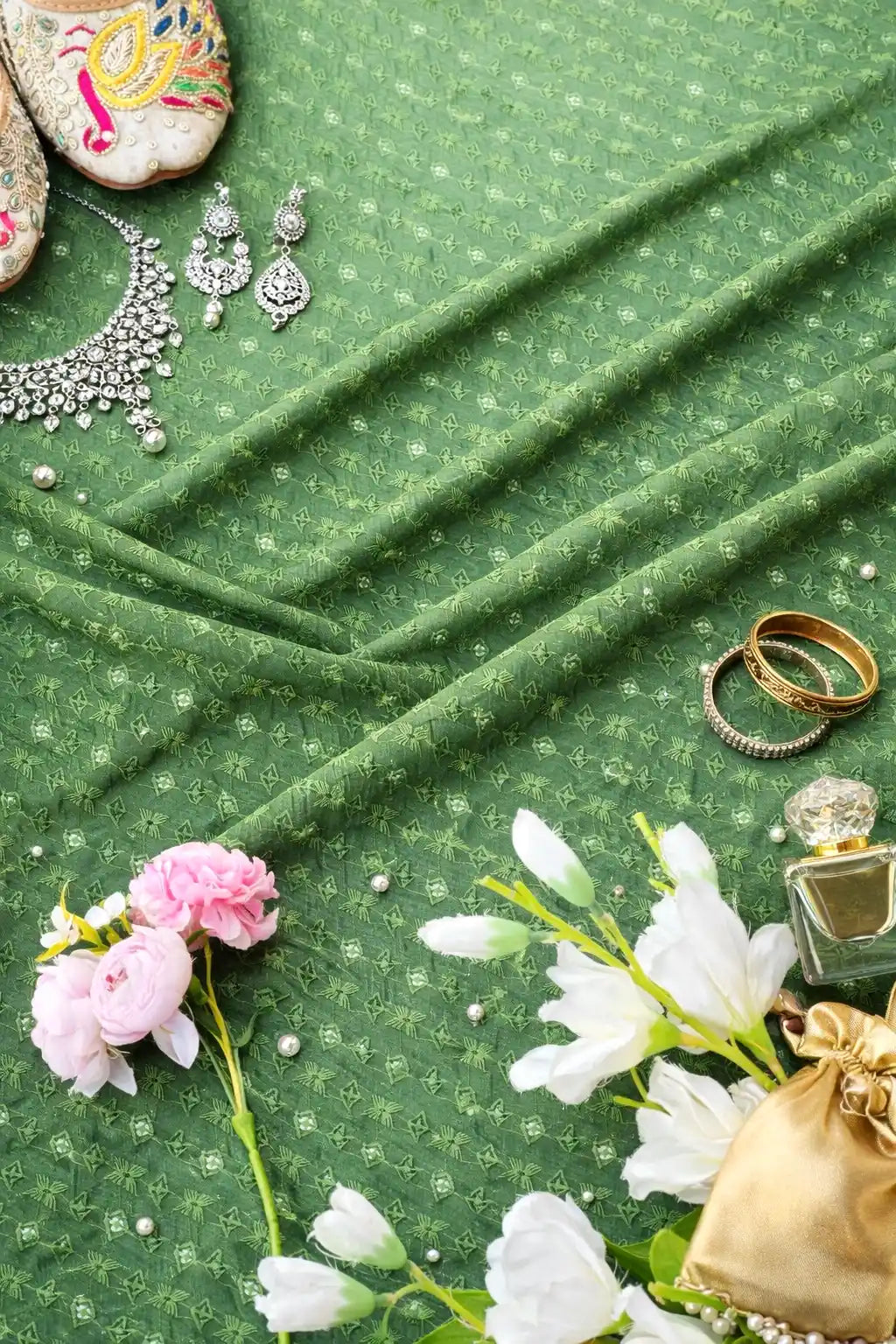 Verdant Green Gulnaz Embroidered Fabric Cut