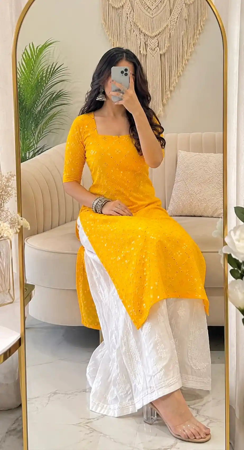 Santoshi’s Yellow Mirror Embroidered Gulnaz Kurta