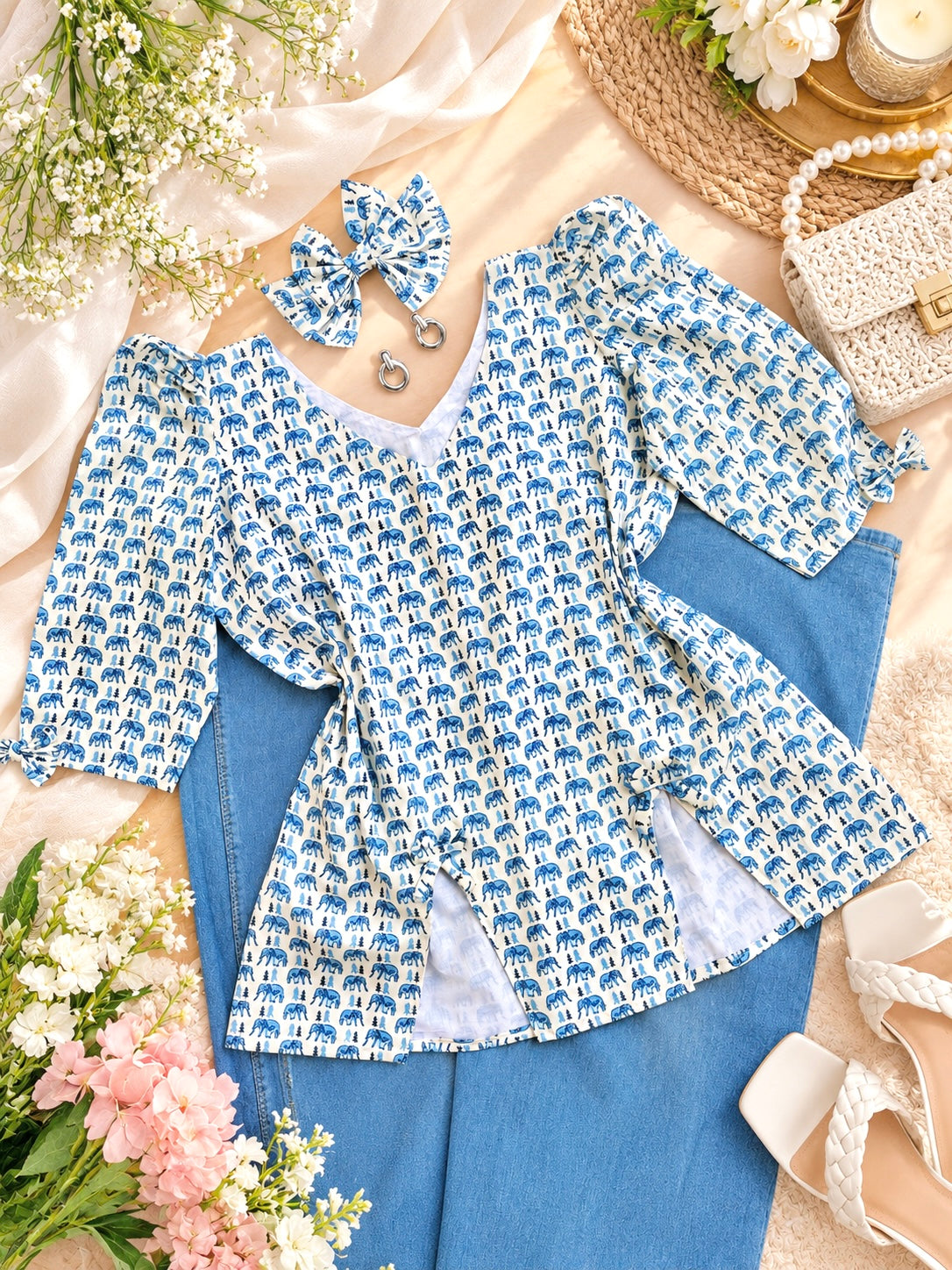 Ivory Blue Handblock Print Peplum Top