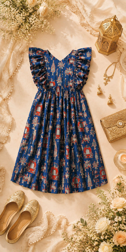 Blue Worli Frill Flared Cotton Dress