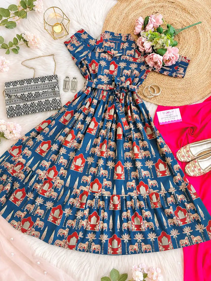 Blue Worli Collar Flared Dress