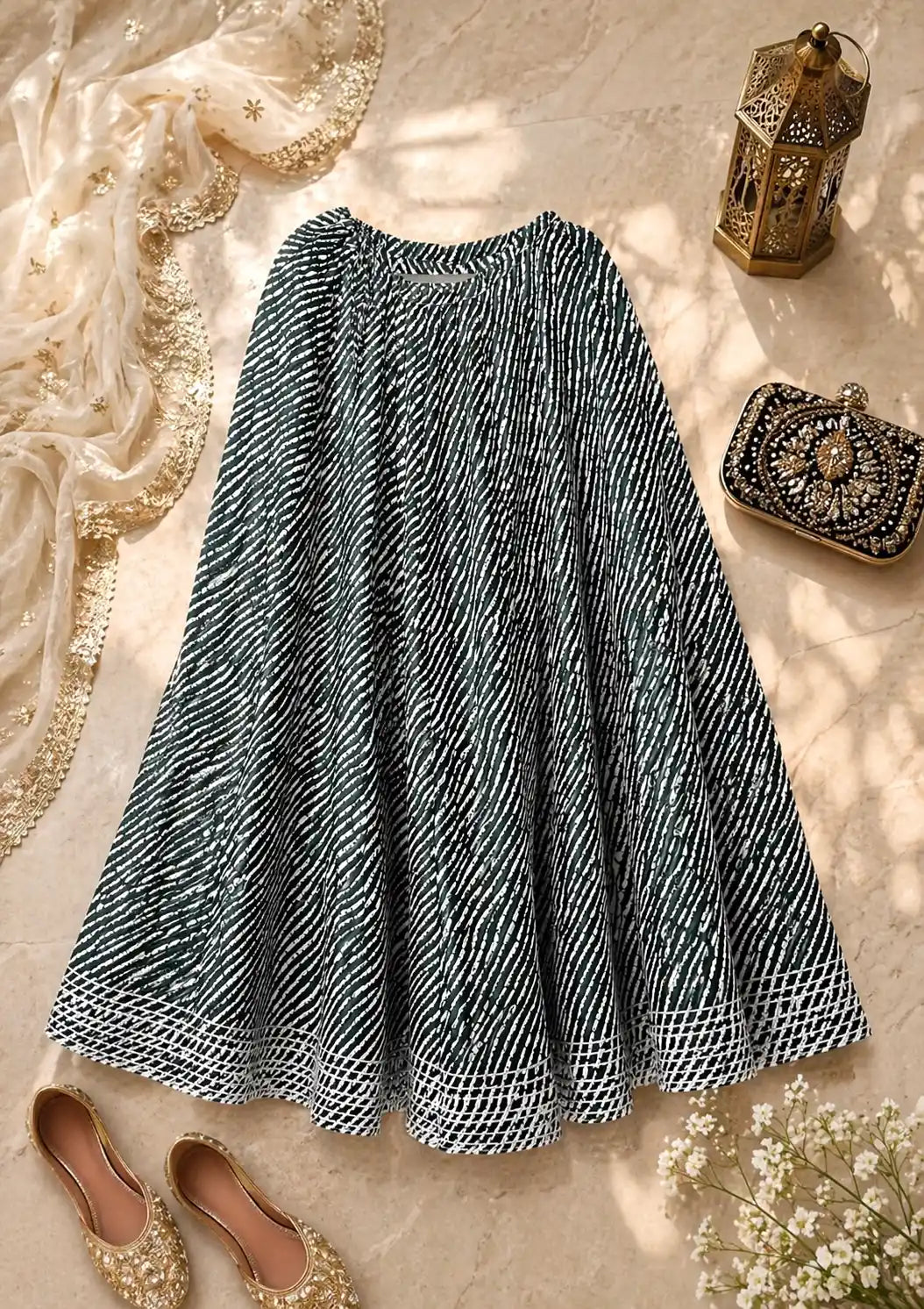 Green Lehriya Jaipuri Twirl Skirt