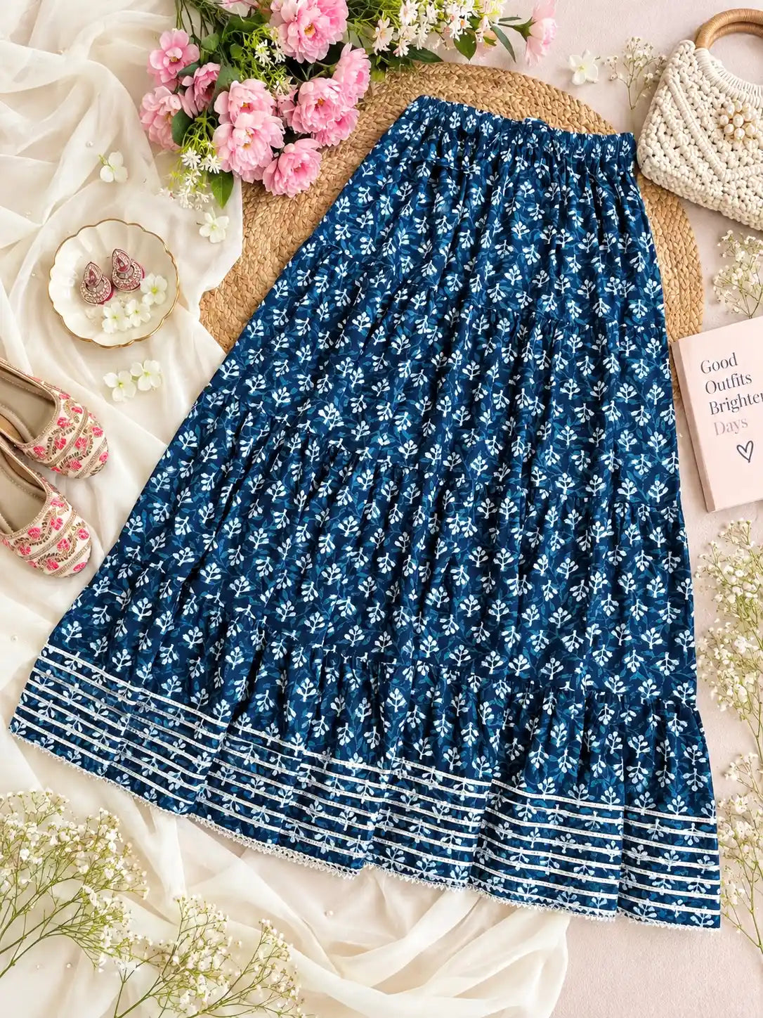 Jaipuri Indigo Block Flared Twirl Skirt