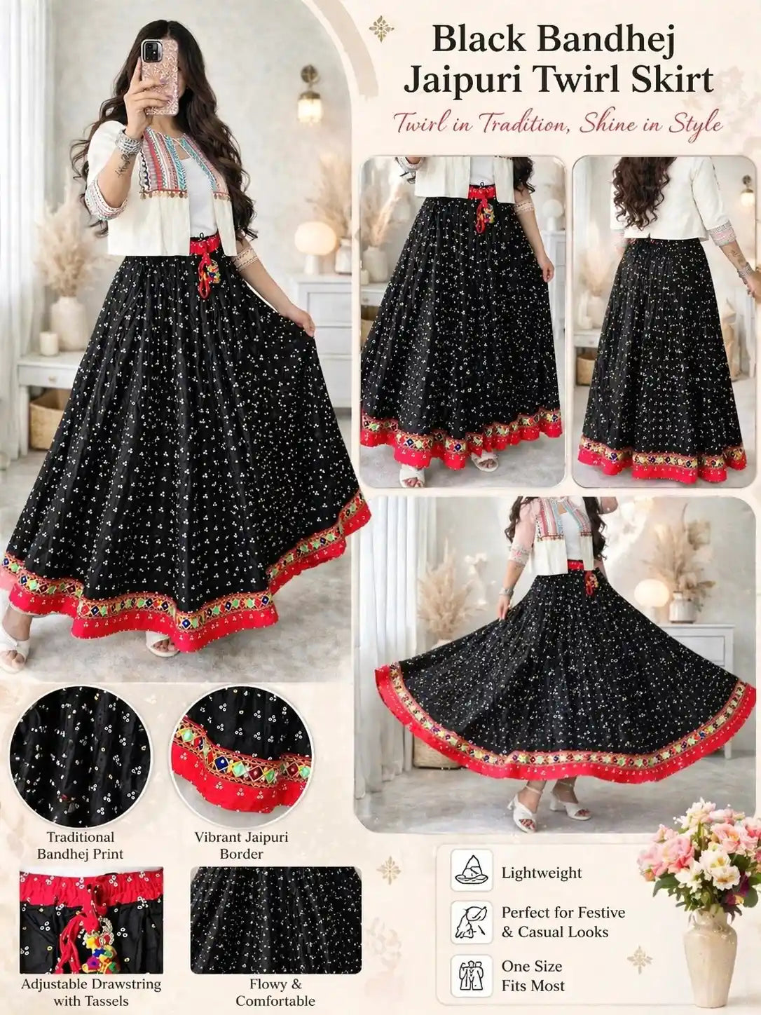 Black Bandhej Jaipuri Twirl Skirt