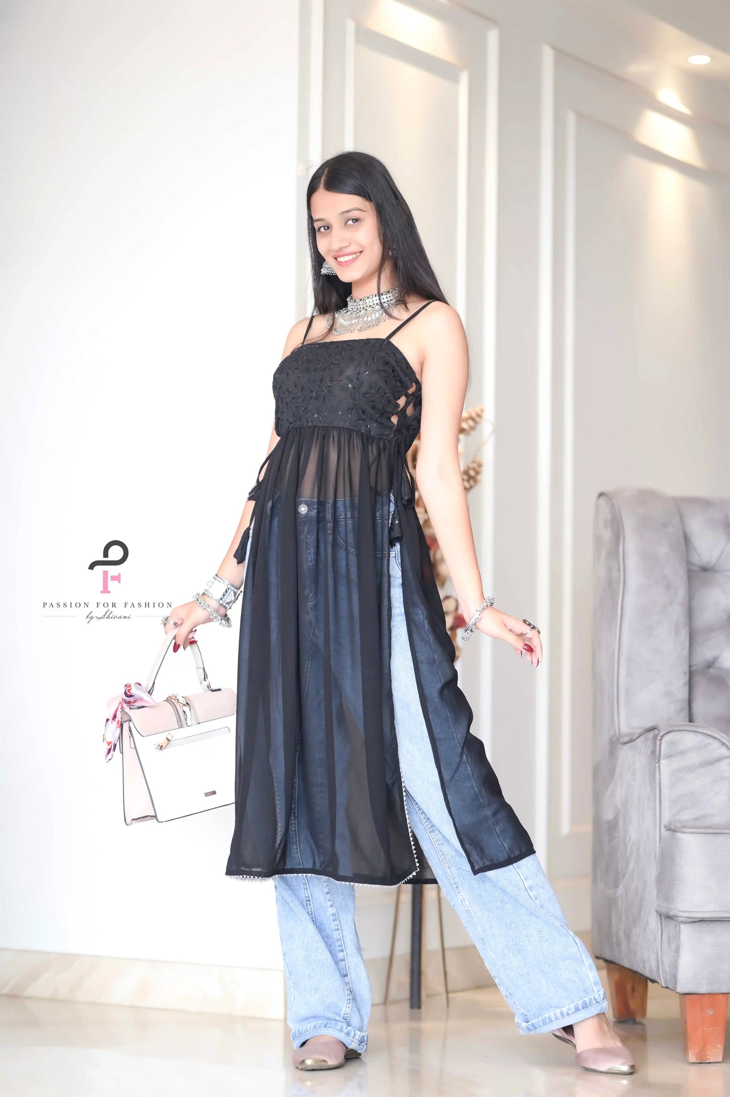 Smoky Black Gulnaz Embroidered Kurta