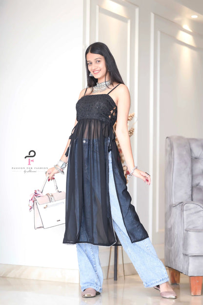 Smoky Black Gulnaz Embroidered Kurta