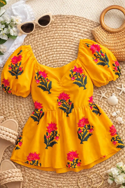 Sunflower Yellow Cotton Pleated Peplum